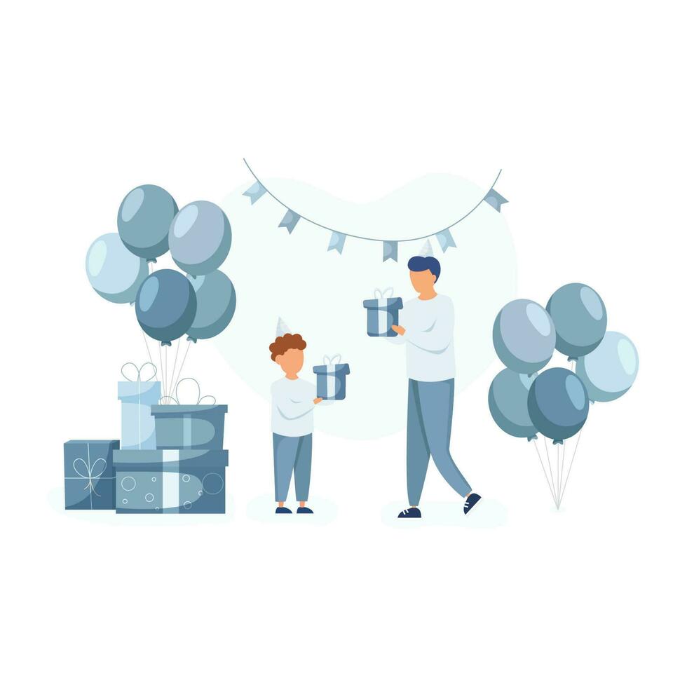 Dad congratulate his son with birth and gives a present for child. Boy standing with gift box near balloons and huge gift boxes. Happy birthday concept vector