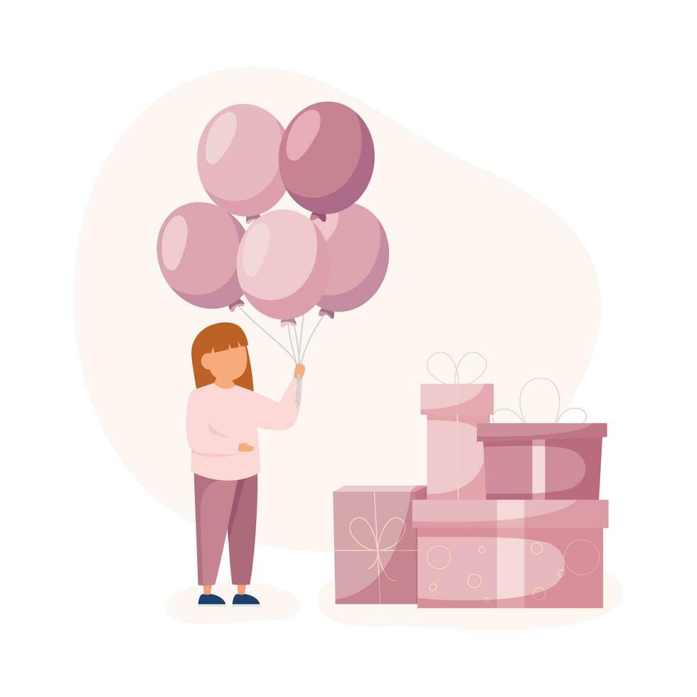 Little girl celebrate happy childrens day, holding balloons near a lot of gift boxes for birthday party vector