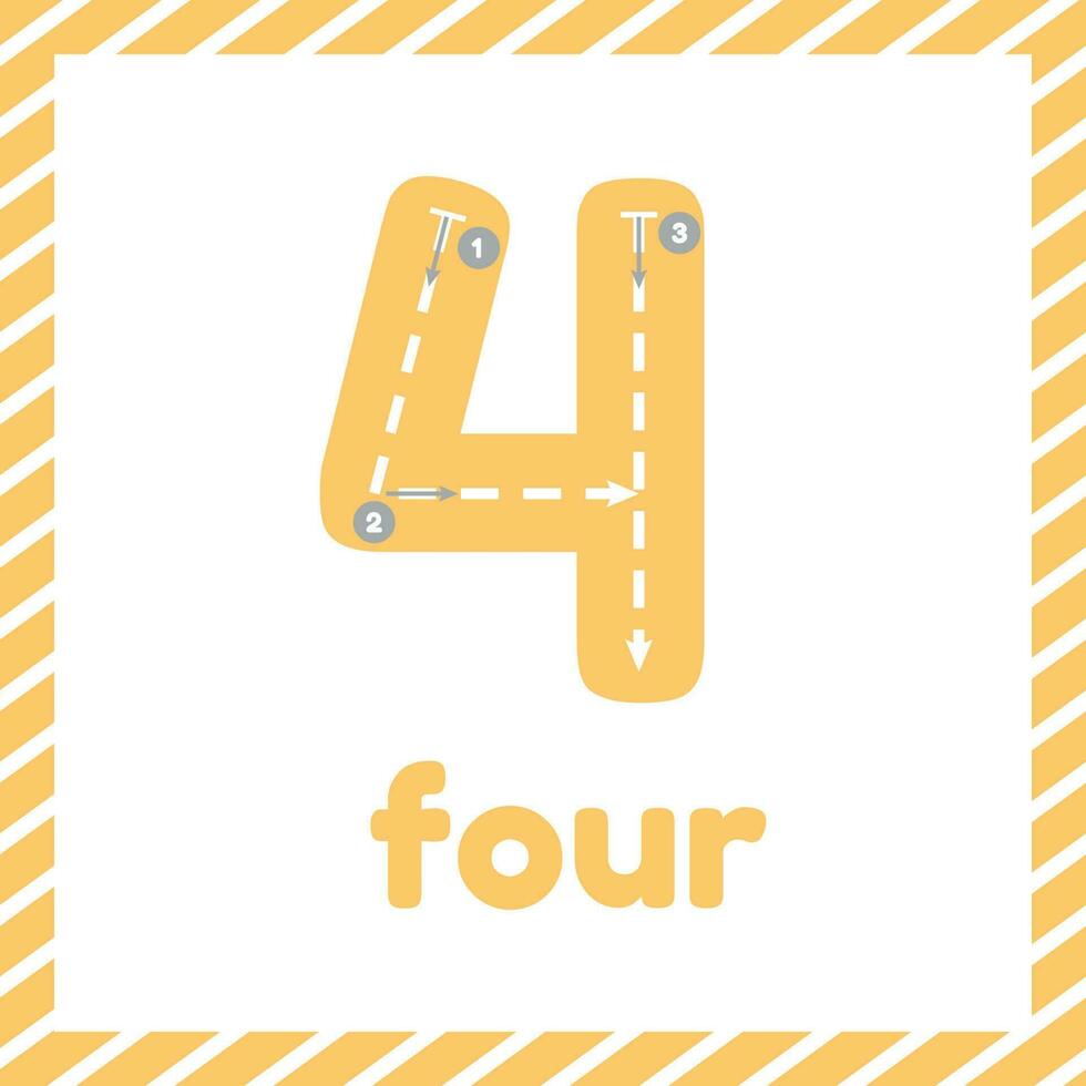 Cute colorful children flashcard with tracing. Learn how to write number four for kids vector