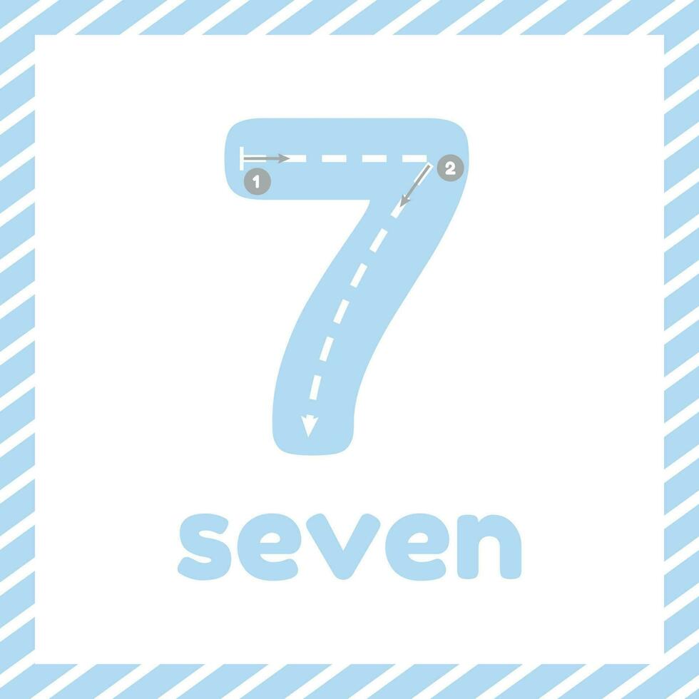 Cute colorful children flashcard with tracing. Learn how to write number seven for kids vector