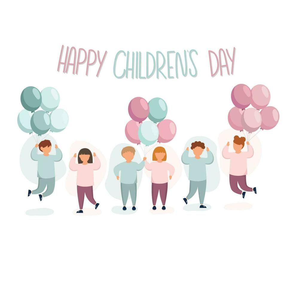 Group of kids jumping and celebrating kids birthday. Happy childrens day concept vector