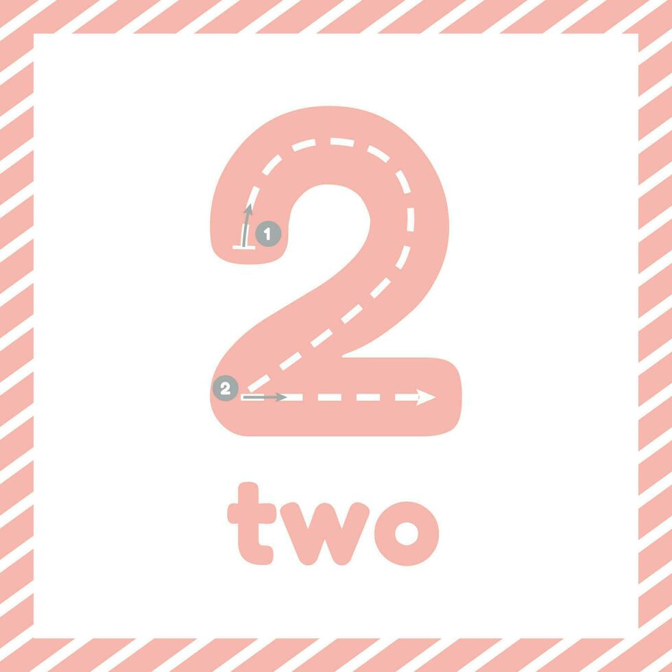 Cute colorful children flashcard with tracing. Learn how to write number two for kids vector