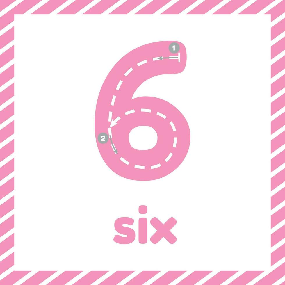 Cute colorful children flashcard with tracing. Learn how to write number six for kids vector