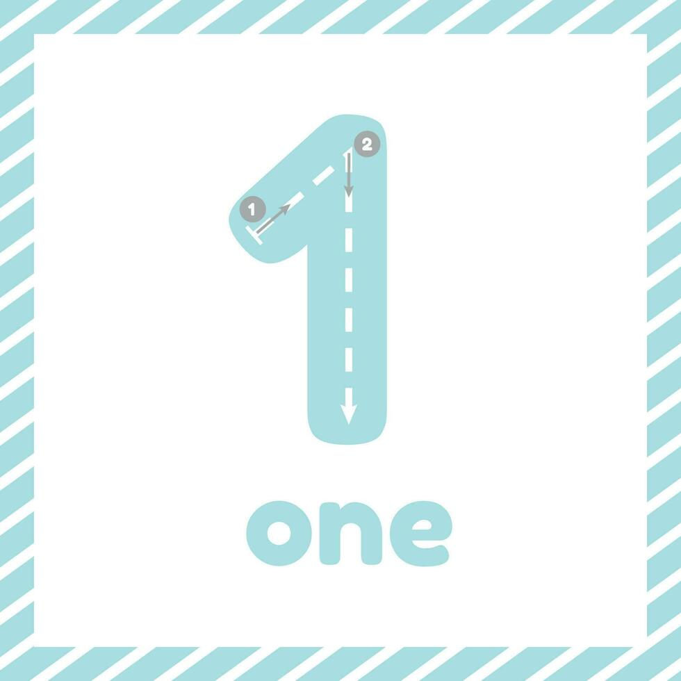 Cute colorful children flashcard with tracing. Learn how to write number one for kids vector