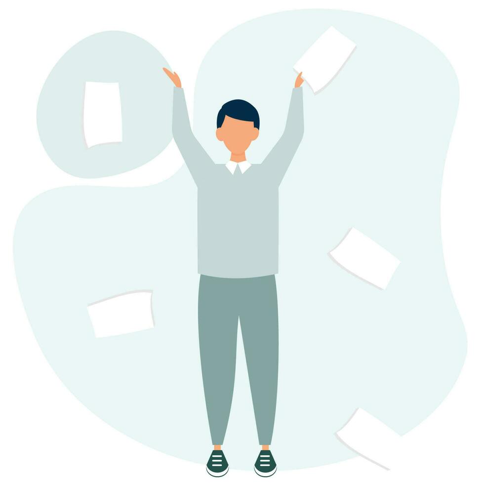 Employee standing with flying sheets of paper in the air. Office paperwork. Man with sheets. Vector