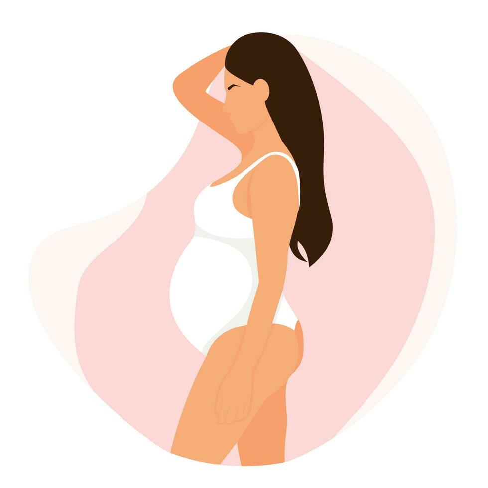 Happy Pregnant woman model standing in a pose. Future mom. Pregnancy time. Vector