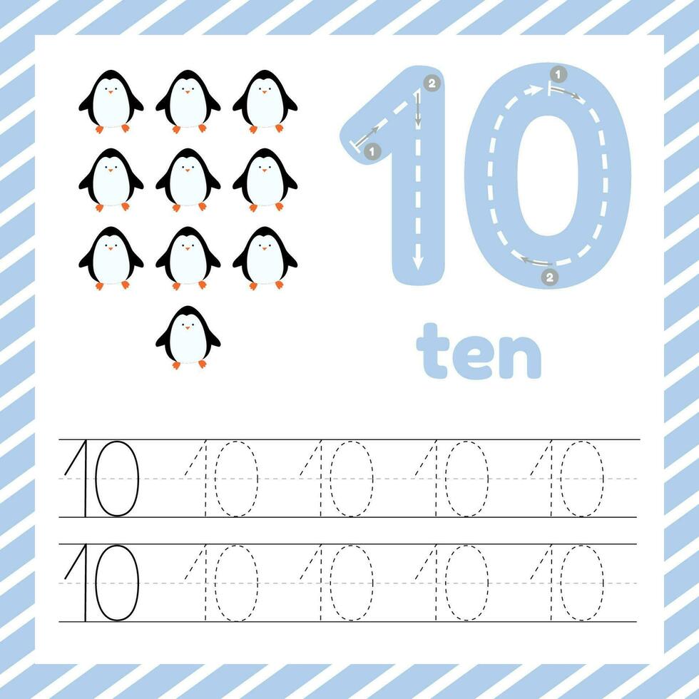 Cute colorful children flashcard with tracing numbers and penguin. Learn how to write number ten for kids education vector