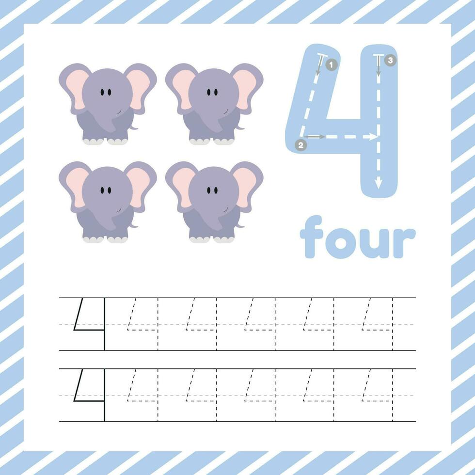 Cute colorful children flashcard with tracing and elephant. Learn how to write number four for kids education vector