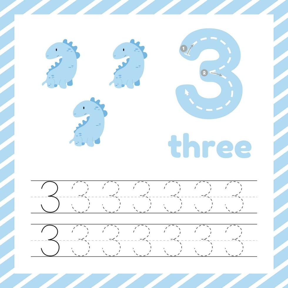 Cute colorful children flashcard with tracing and dinosaur. Learn how to write number three for kids education vector