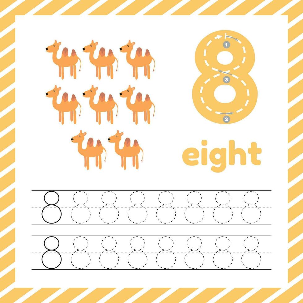 linda vistoso niños tarjeta de memoria flash con rastreo números y camello. aprender cómo a escribir número ocho para niños educación vector