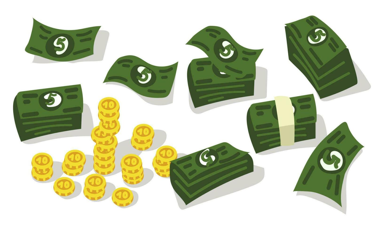 A set of green paper and gold coins. Packaging in bundles of banknotes, banknotes fly, gold coins. Saving, collecting money, bank. Flat vector cartoon money illustration. Objects isolated on white