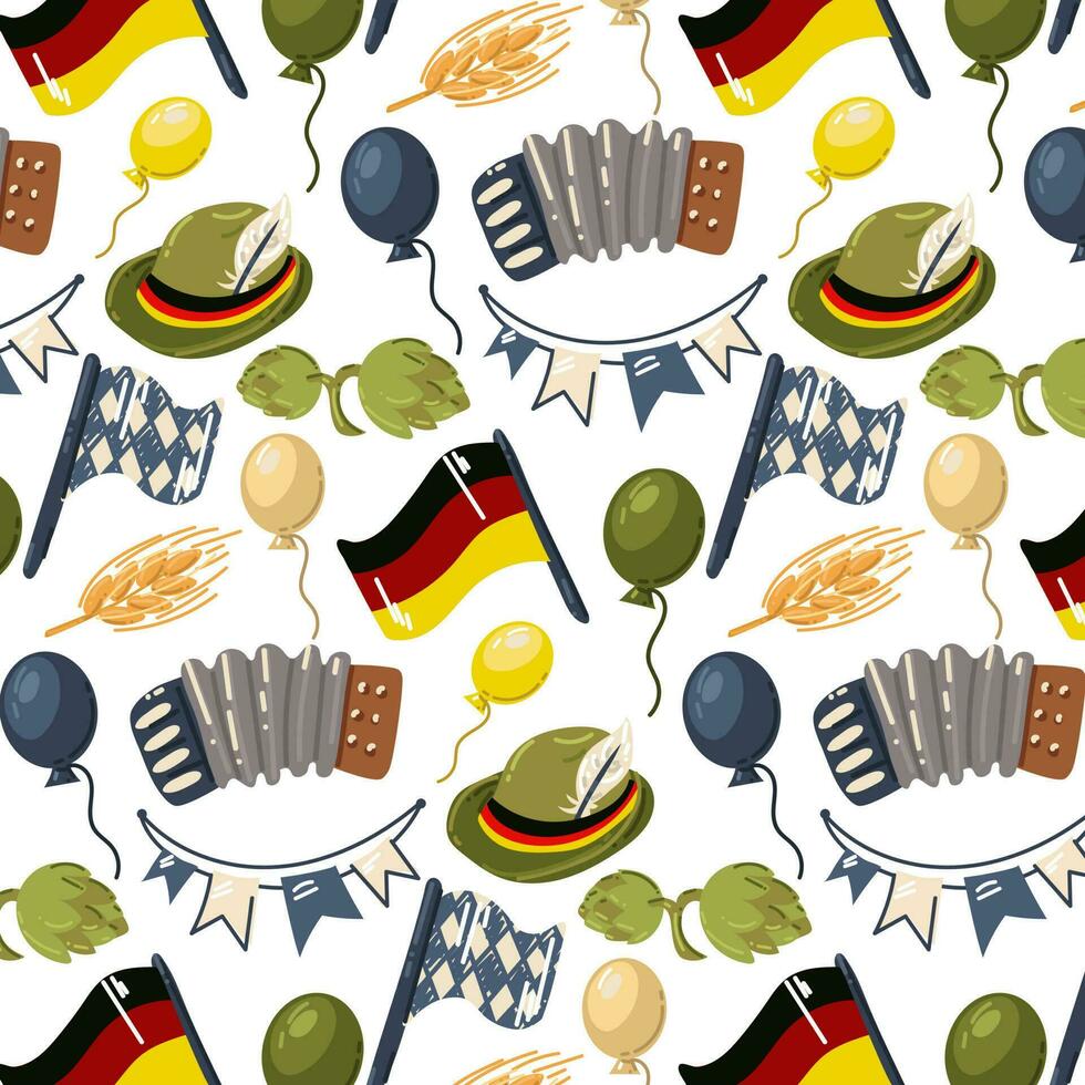 Oktoberfest pattern. Background with elements of the Oktoberfest holiday. Festive garland with the Bavarian checkered blue flag, the flag of Germany, balloons, hat, hops,. Beer Festival in Germany vector