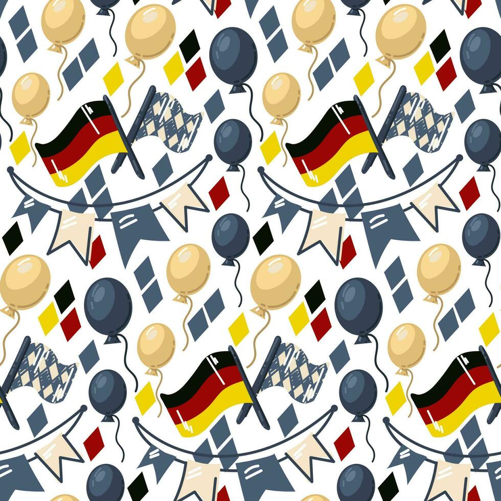 Oktoberfest pattern. Background with elements of the Oktoberfest holiday. Festive garland with the Bavarian checkered blue flag, the flag of Germany, balloons. Oktoberfest Beer Festival in Germany vector