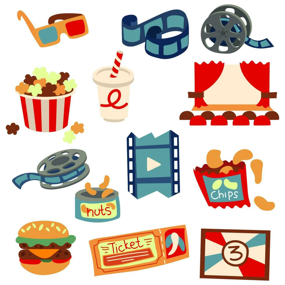 A set of retro movie elements. All elements of a movie theater with fast food for watching a movie. Screen, reel, film, popcorn, 3d glasses, ticket, soda, nuts, chips, hamburger in cartoon style. vector