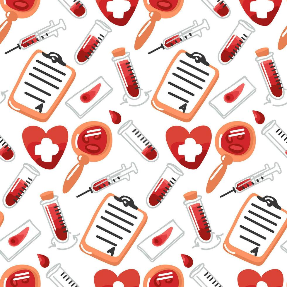 A pattern for blood donation on a white background. Medical blood collection, analysis, document, test tube, magnifying glass, syringe, smear, drop, glass, heart. Elements of medical parts. Printing vector