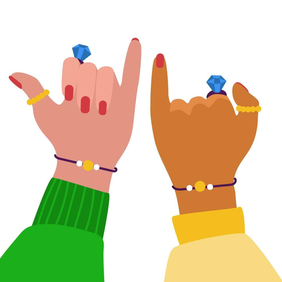 An illustration of how two friends with the same jewelry stretch their little fingers to each other to demonstrate unity and an oath. Girls promise each other that friends are forever. Flat design vector