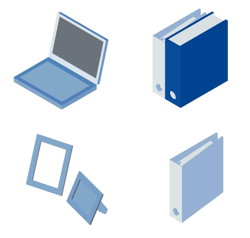 Office accessories - laptop, photo frame, folders. Vector illustration. Isometric design for banners, print sites, etc.