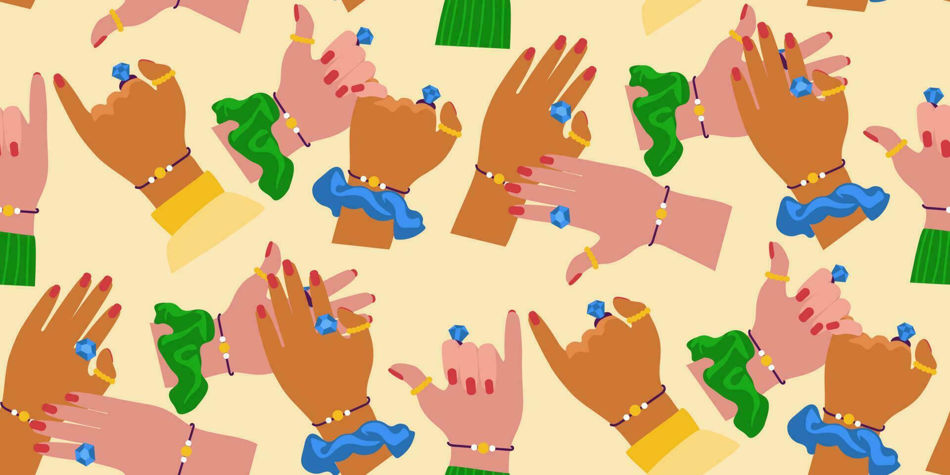 A pattern from the hands of friends with the same costume jewelry as a symbol of eternal friendship. Hands of support promises hand games love greetings. Printing on textiles and paper. Gift wrapping vector