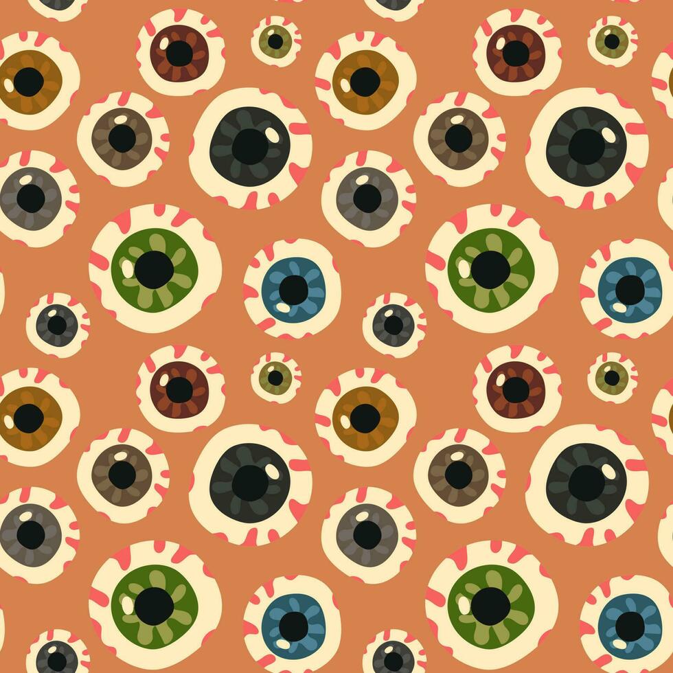 Vector illustration with a seamless pattern of human eyeballs, hand-drawn. Multicolored eyes looking to the sides and in front. The background is a realistic colored Halloween on a beige