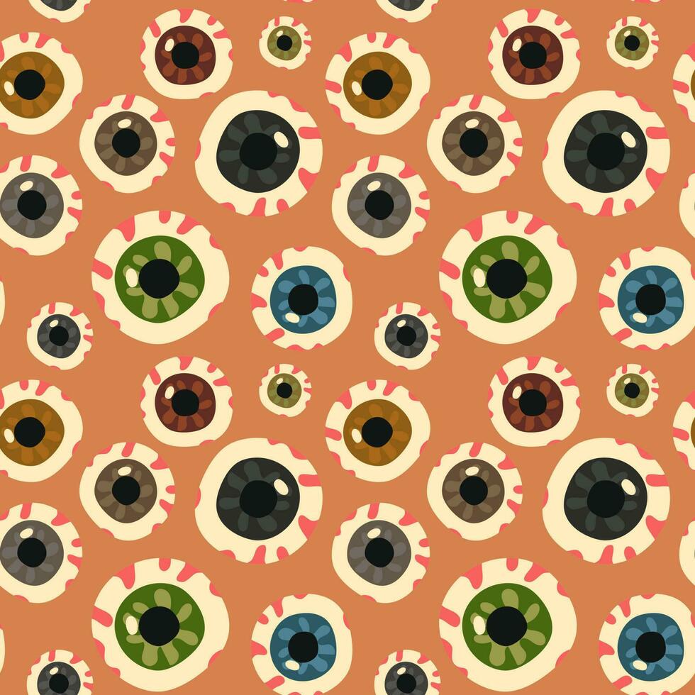 Vector illustration with a seamless pattern of human eyeballs, hand-drawn. Multicolored eyes looking to the sides and in front. The background is a realistic colored Halloween on a beige