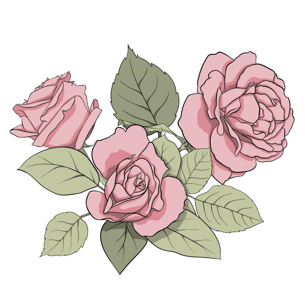 Vector composition of delicate pink roses and green leaves. Illustration for creating cards, decoration, decoration, prints, wedding invitations, etc.