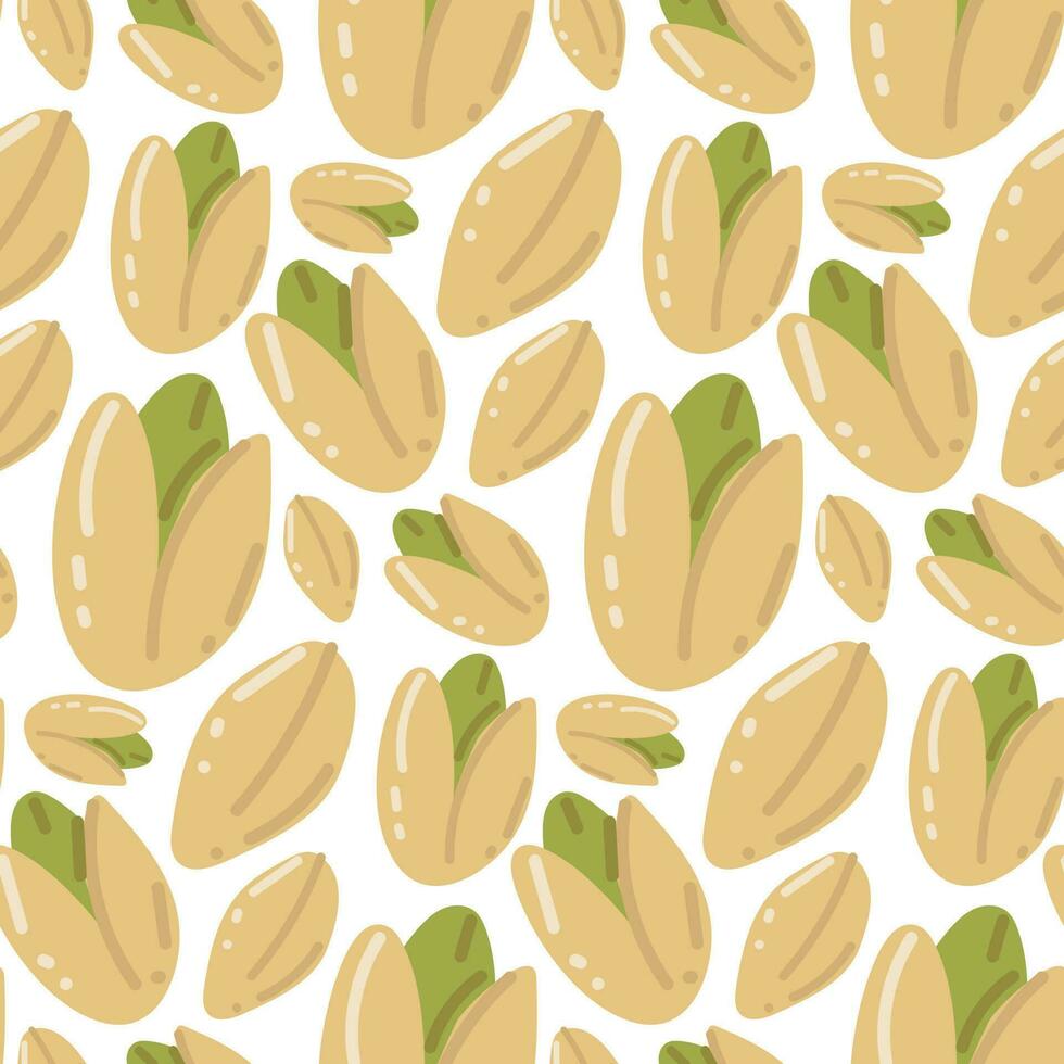 Seamless pattern with pistachios in cartoon style with highlights. A healthy diet. Modern background for packaging, advertising, labels and other designs. Hand-drawn illustration on a white background vector