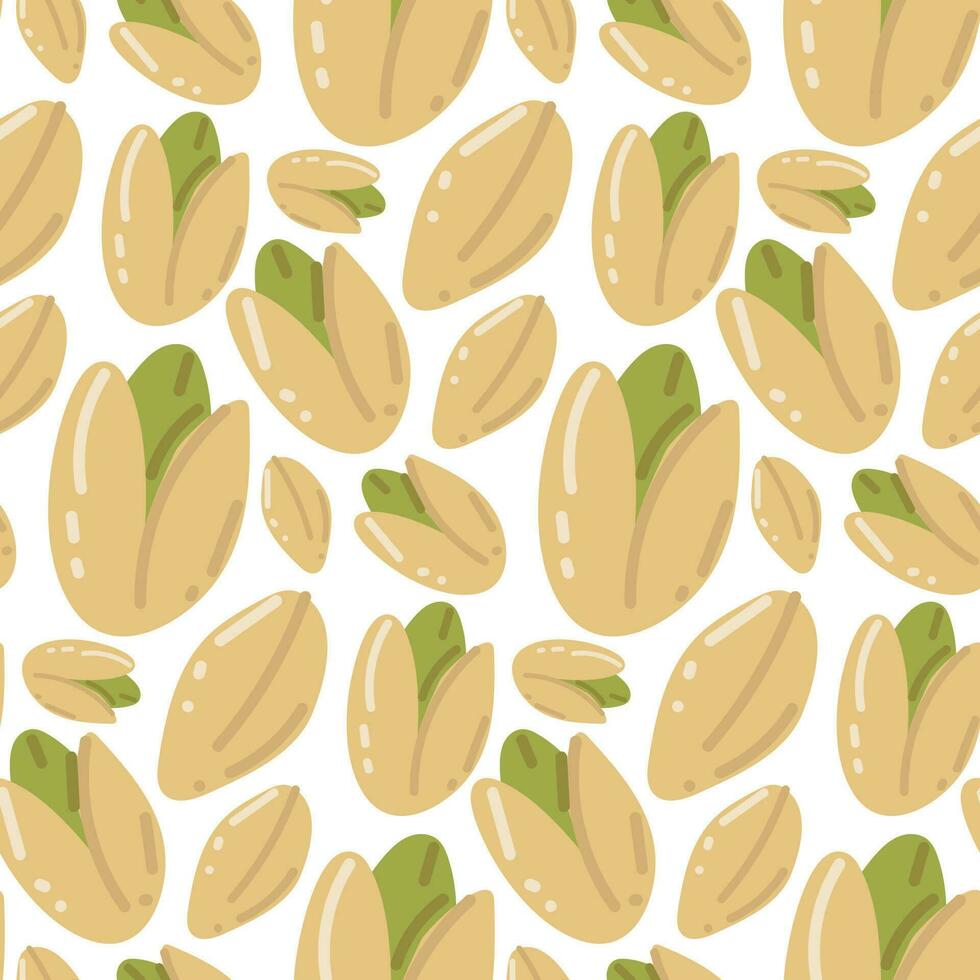 sin costura modelo con pistachos en dibujos animados estilo con reflejos. un sano dieta. moderno antecedentes para embalaje, publicidad, etiquetas y otro diseños dibujado a mano ilustración en un blanco antecedentes vector