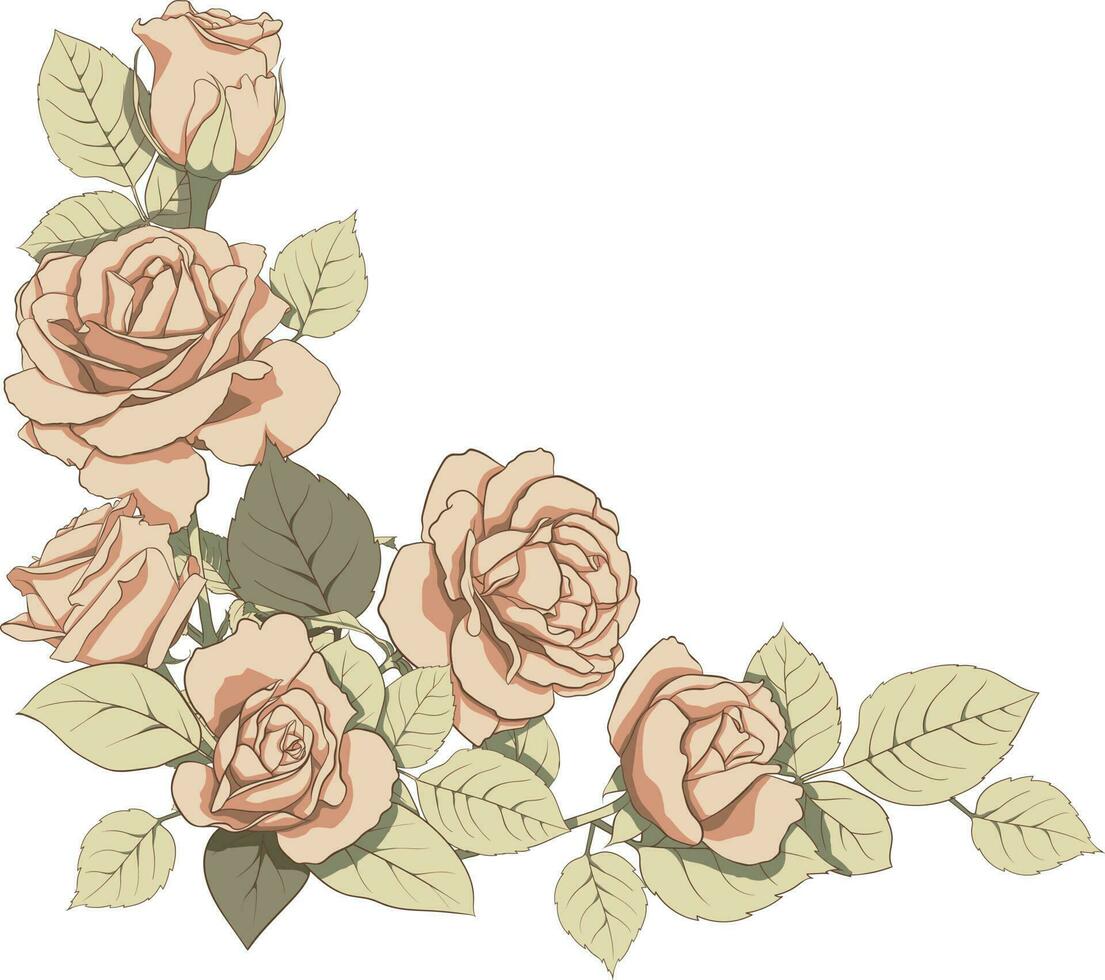 Vector composition of delicate roses and green leaves. Illustration for creating cards, decoration, decoration, prints, wedding invitations, etc.