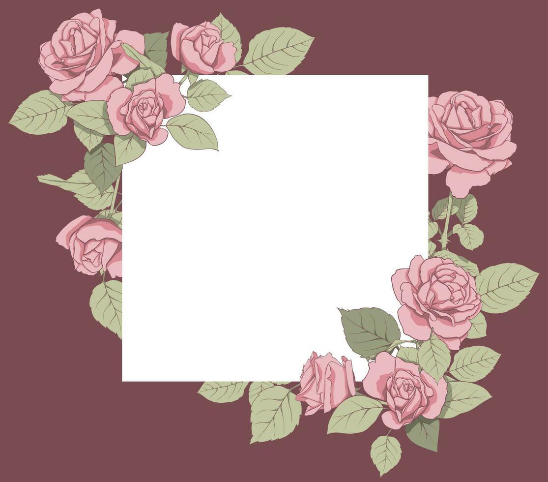 Floral frame. A square frame of roses and leaves for the design of invitations, cards, paper, books, websites, decor, design, etc. Vector illustration