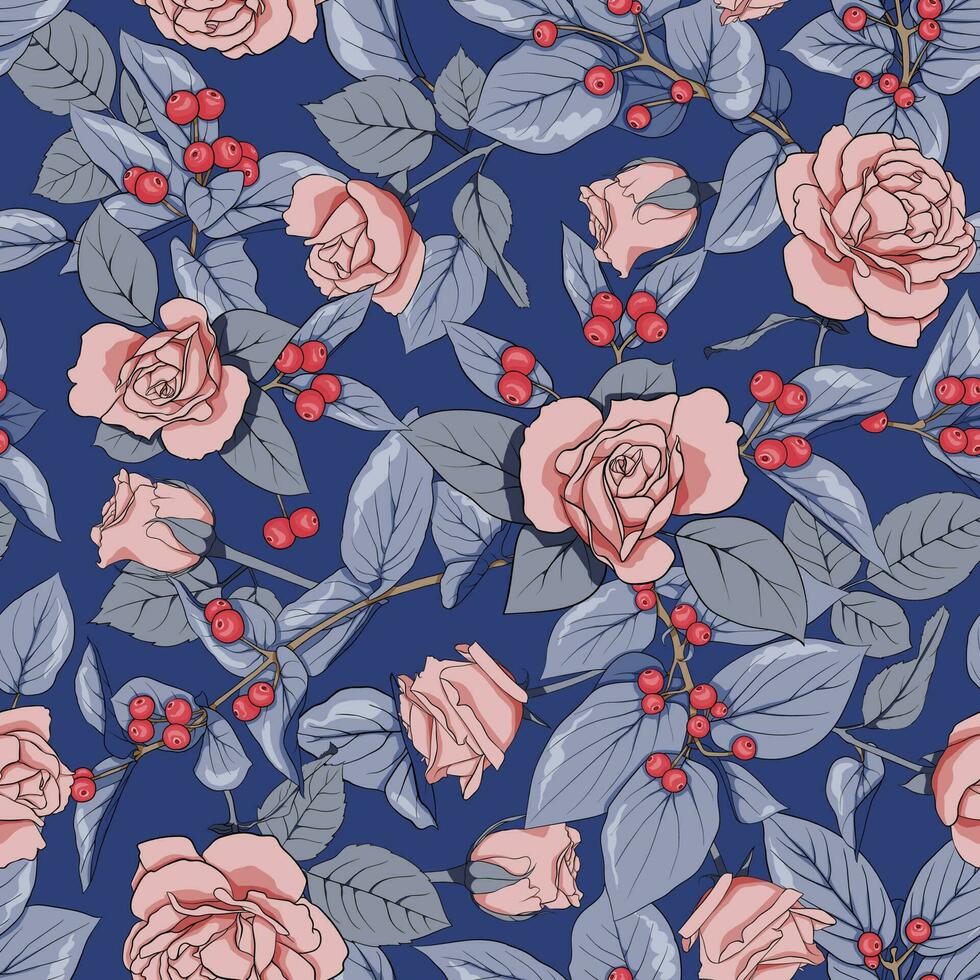 sin costura modelo con rosas, sucursales, bayas, hojas. textura para tela, textil, fondo de pantalla, decoración, papel, álbum de recortes, etc. vector ilustración