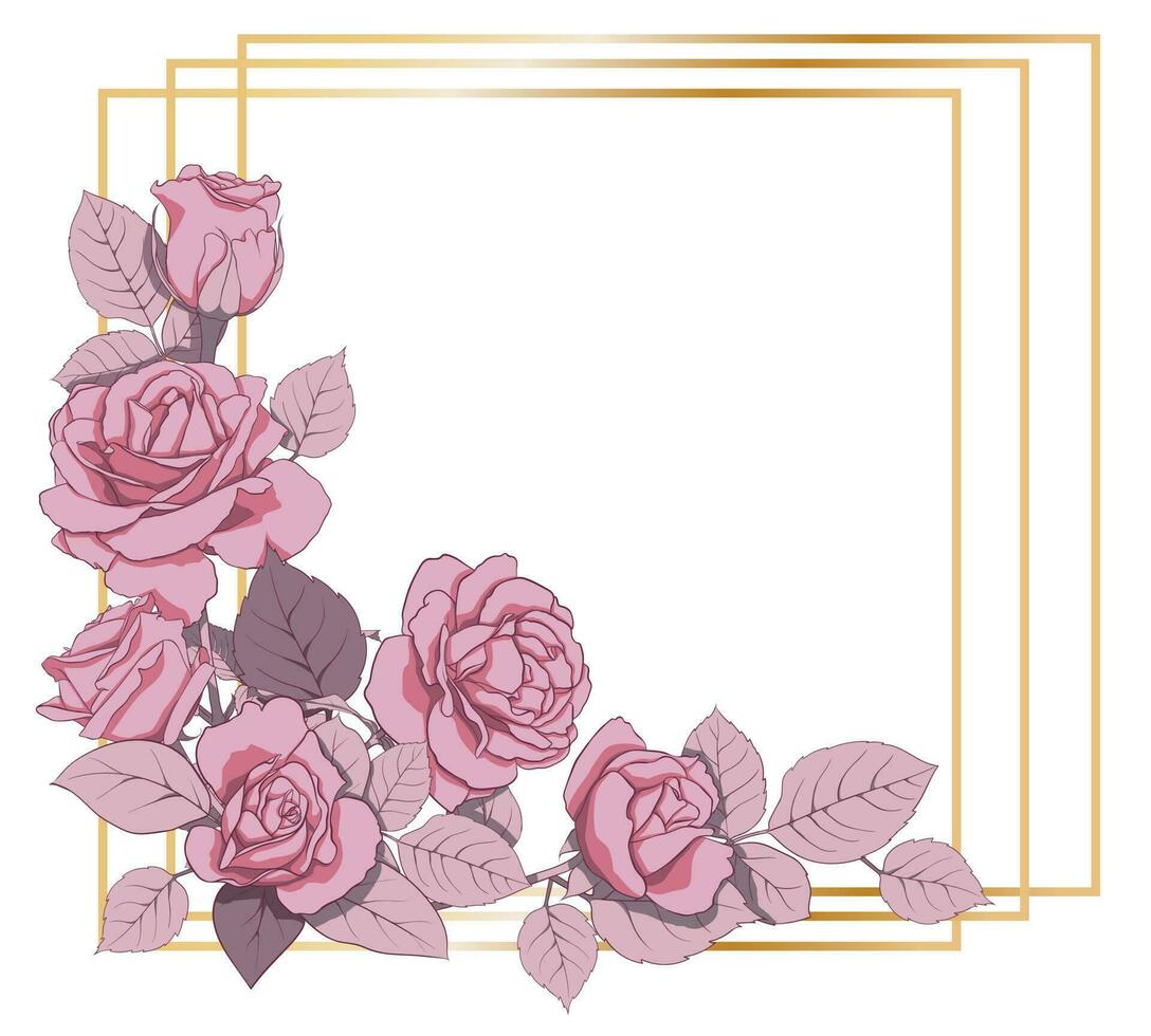 Floral decoration with golden frame. Frame of roses and leaves for the design of invitations, cards, paper, books, websites, decor, design, etc. vector