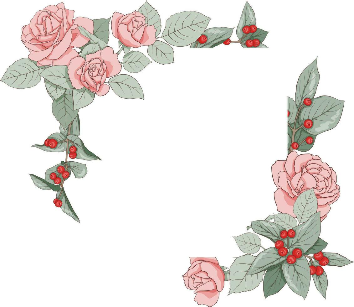 floral marco en un aislado antecedentes. un cuadrado marco de rosas y hojas para el diseño de invitaciones, tarjetas, papel, libros, sitios web, decoración, diseño, etc. vector ilustración