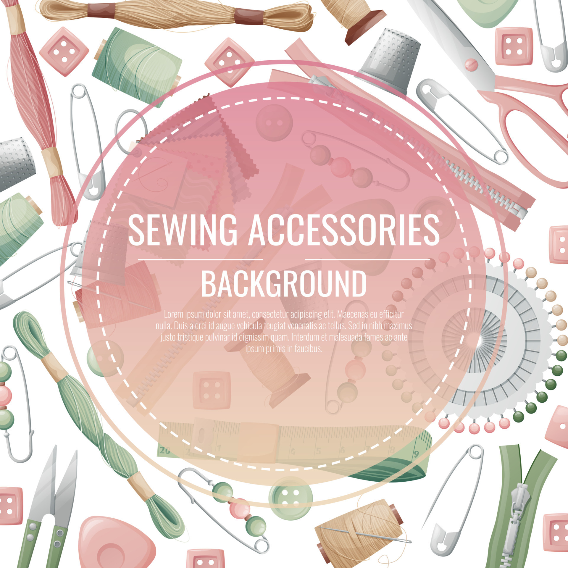 Frame with sewing accessories. Vector template with drawn colorful illustrations of sewing tools