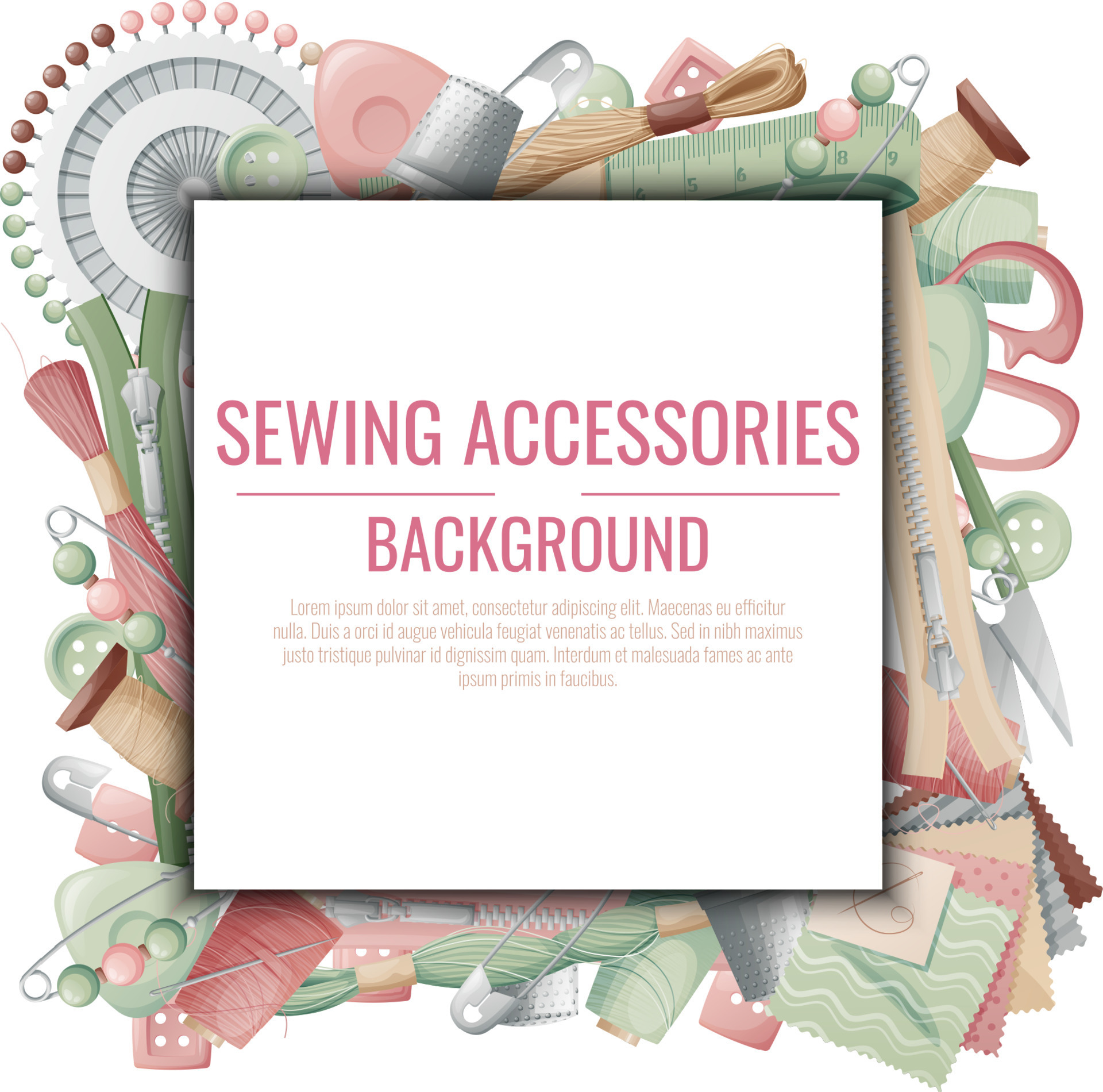 Frame with sewing accessories. Vector template with drawn colorful