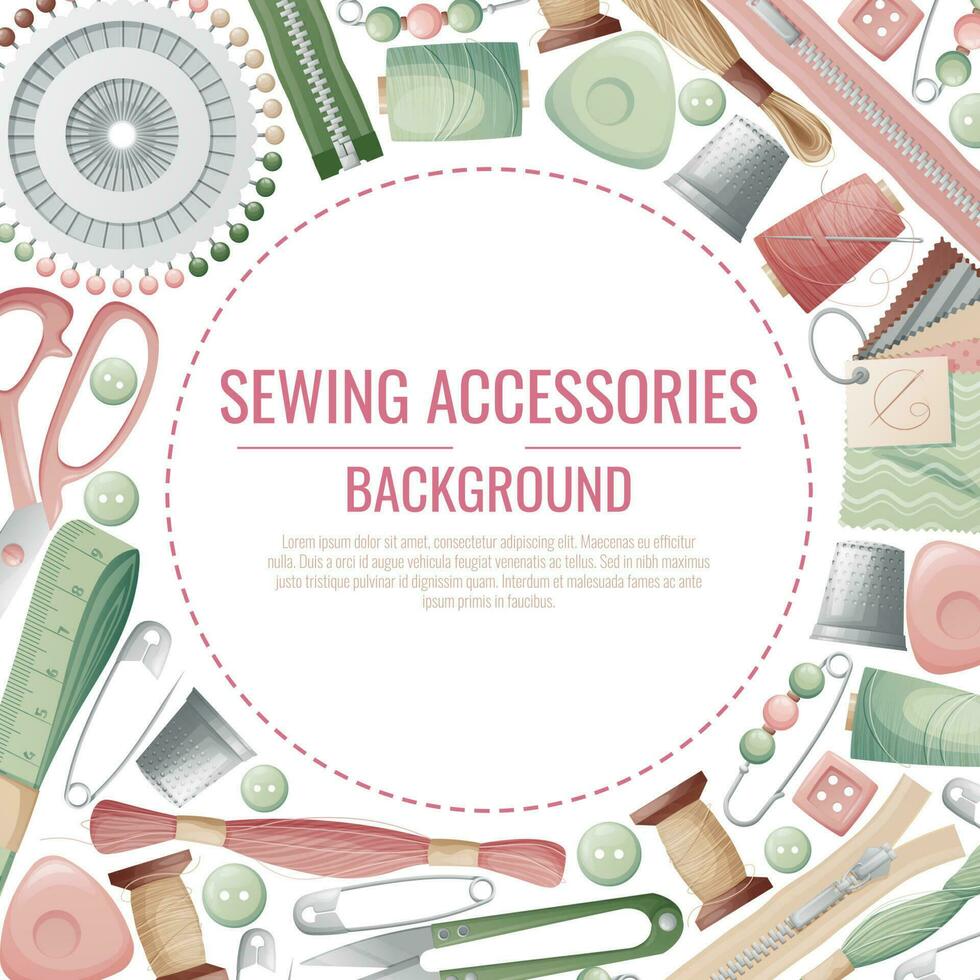 Frame with sewing accessories. Vector template with drawn colorful illustrations of sewing tools and supplies. Poster, banner for a sewing shop or studio