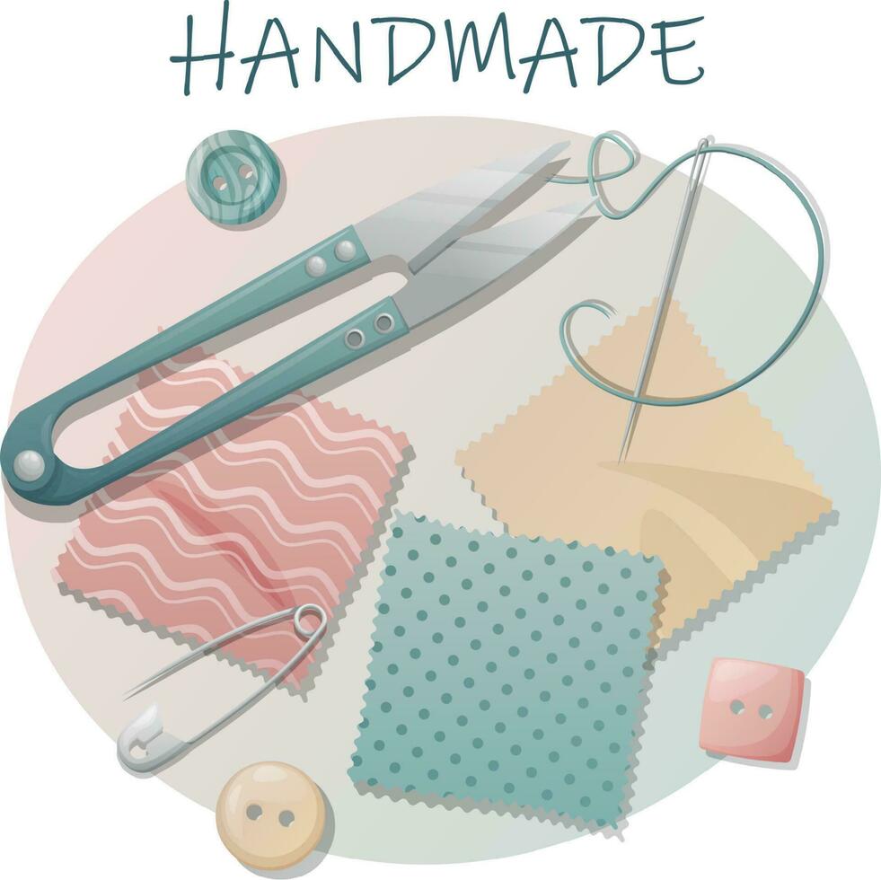 Postcard with sewing tools. Sewing, hobby, needlework. Illustration with pieces of fabric, threads, scissors, buttons.Background, banner flyer for a sewing workshop vector