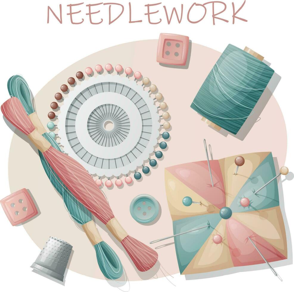 Postcard with sewing tools. Sewing, hobby, needlework. Illustration with swatch pins, thread, pincushion, buttons.Background, banner flyer for sewing workshop vector