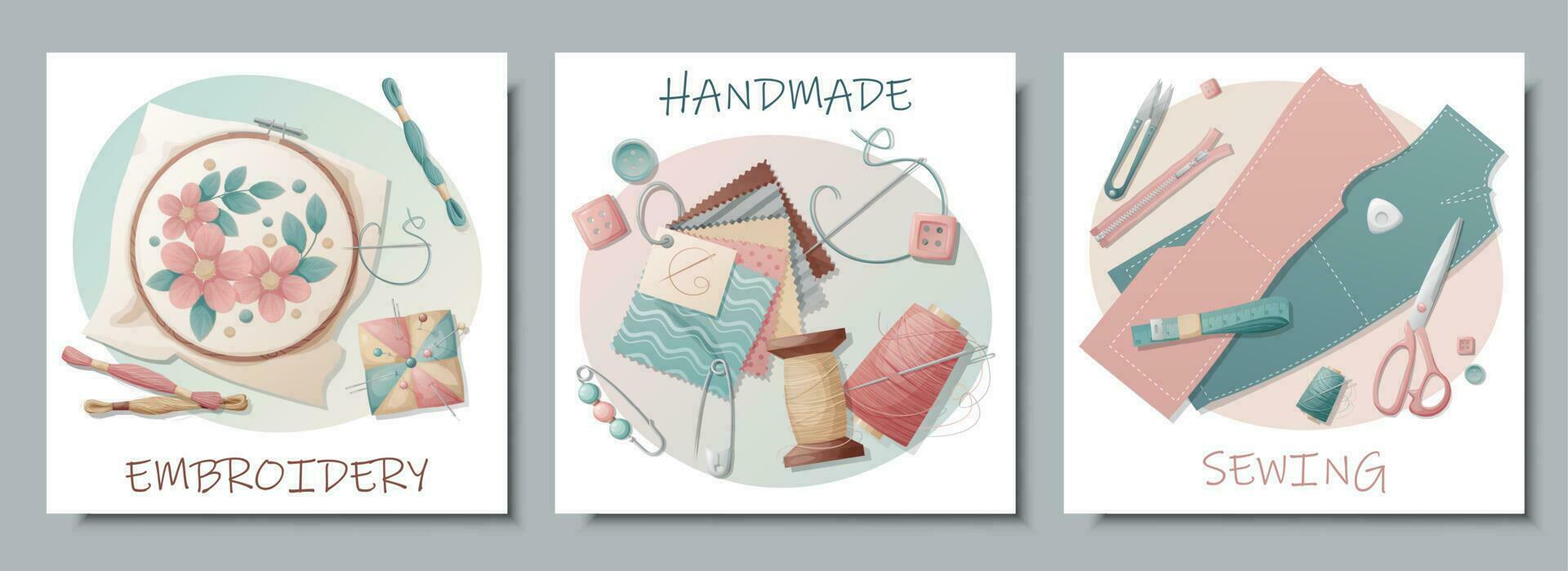 Set of postcards with sewing tools. Embroidery, sewing, needlework, handmade, hobby. Banner, flyer for sewing workshops, ateliers, sewing courses vector