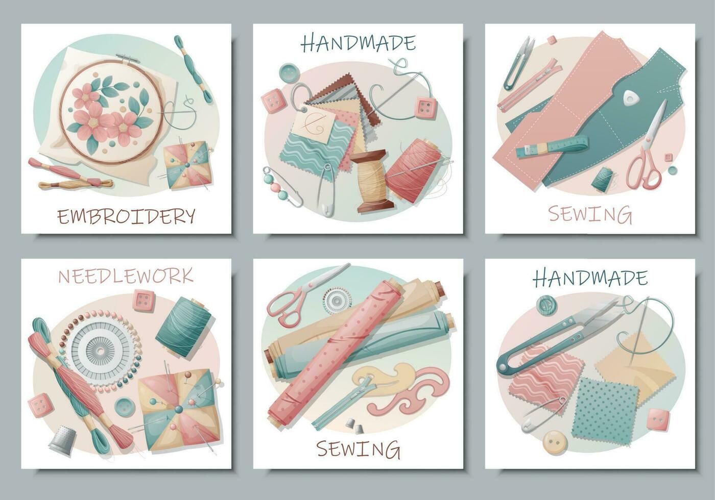 Set of postcards with sewing tools. Embroidery, sewing, needlework, handmade, hobby. Banner, flyer for sewing workshops, ateliers, sewing courses vector