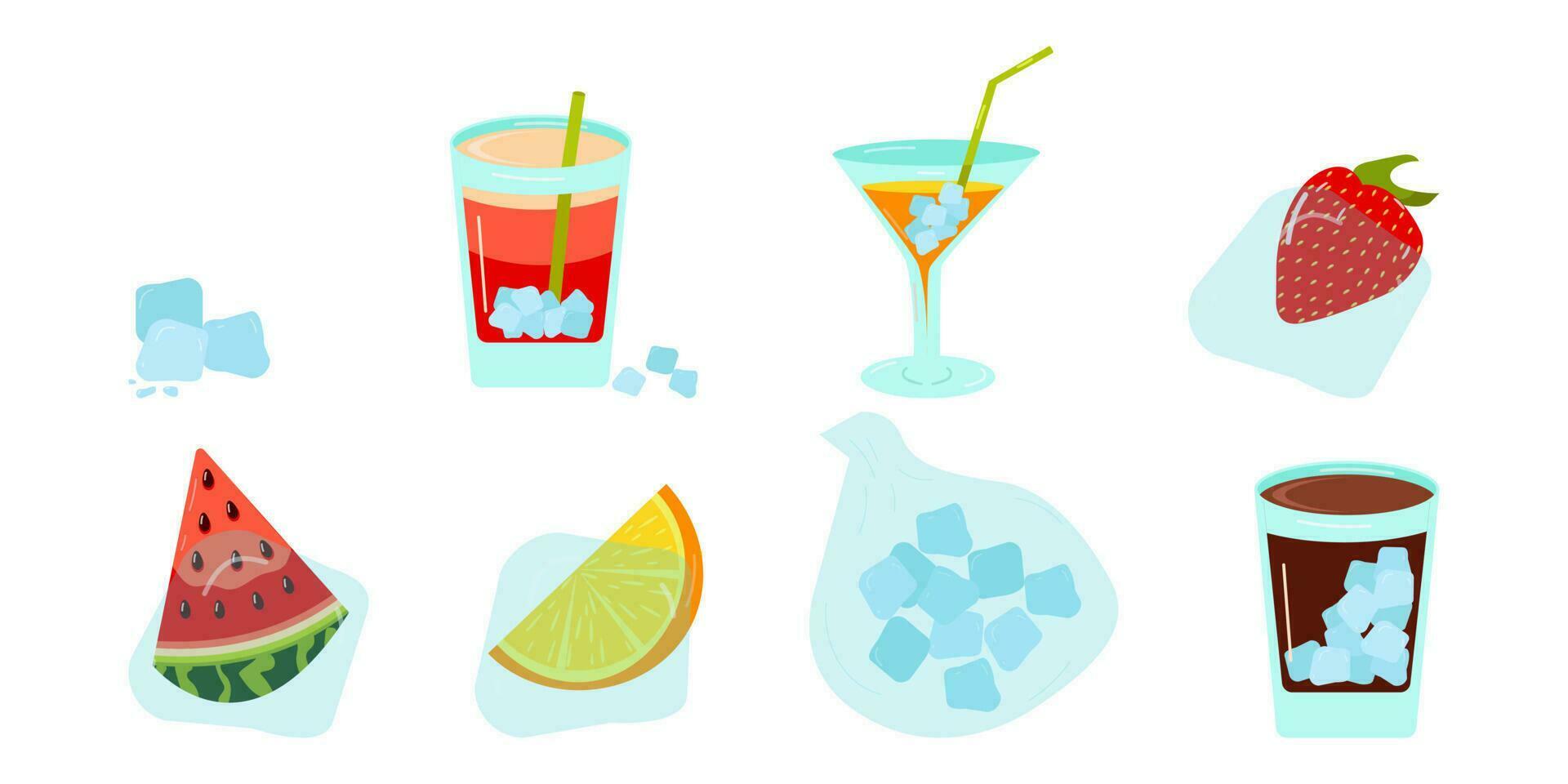 Blue ice cubes for cooling drinks set. vector