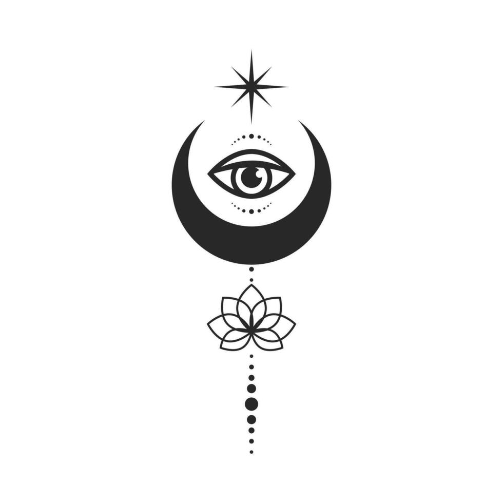 Moon and all-seeing eye line art element isolated. Esoteric composition of vector elements, Graphic design tattoo