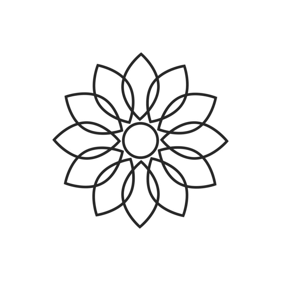 Graphic flower of round shape in line art style. Isolated vector floral element. Graphic symbol logo or tattoo