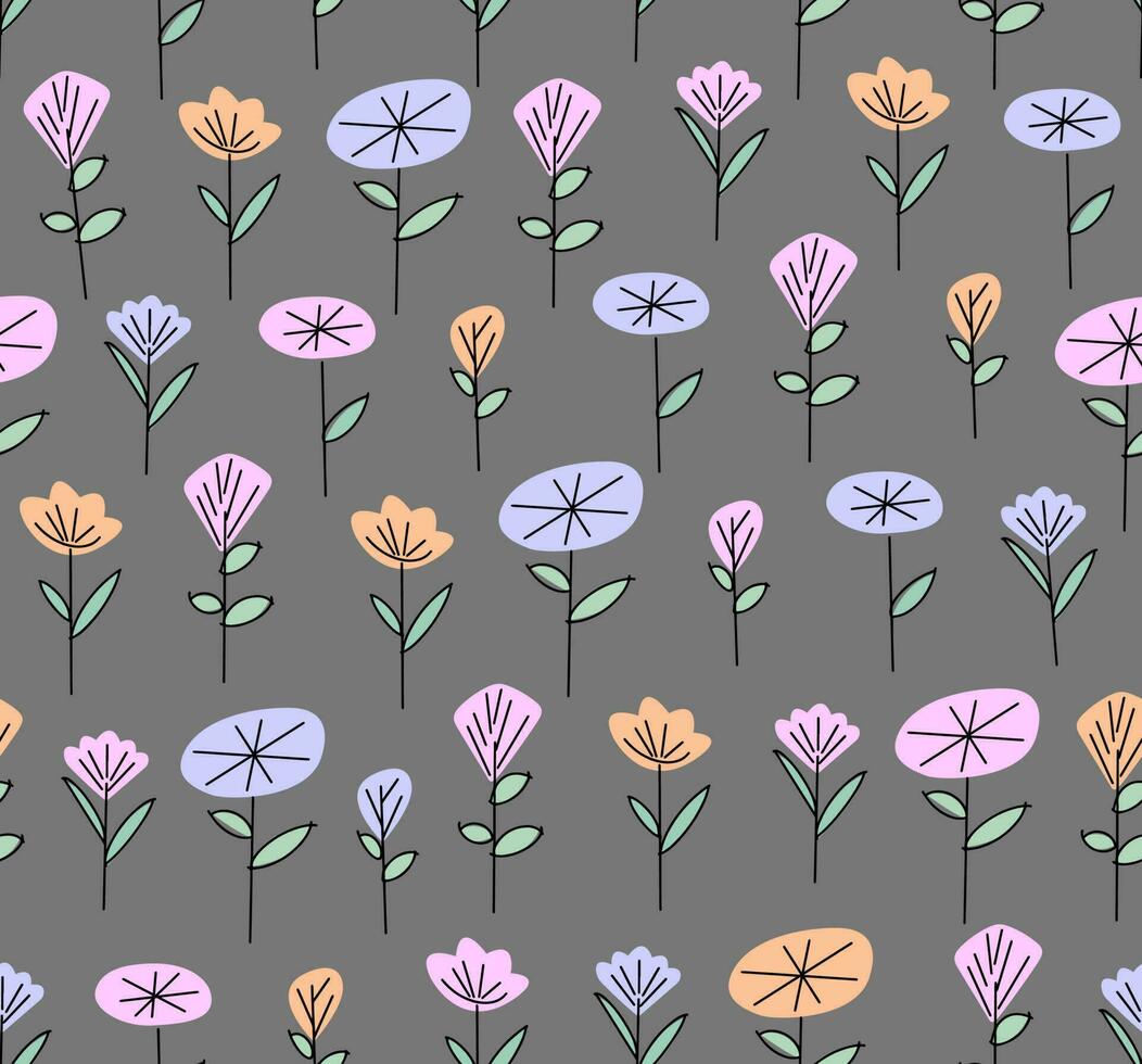 Seamless doodle of trendy floral patterns. Vintage illustration of floral background in 70s style. Colorful pastel colors clockwork works, nature backgrounds. vector