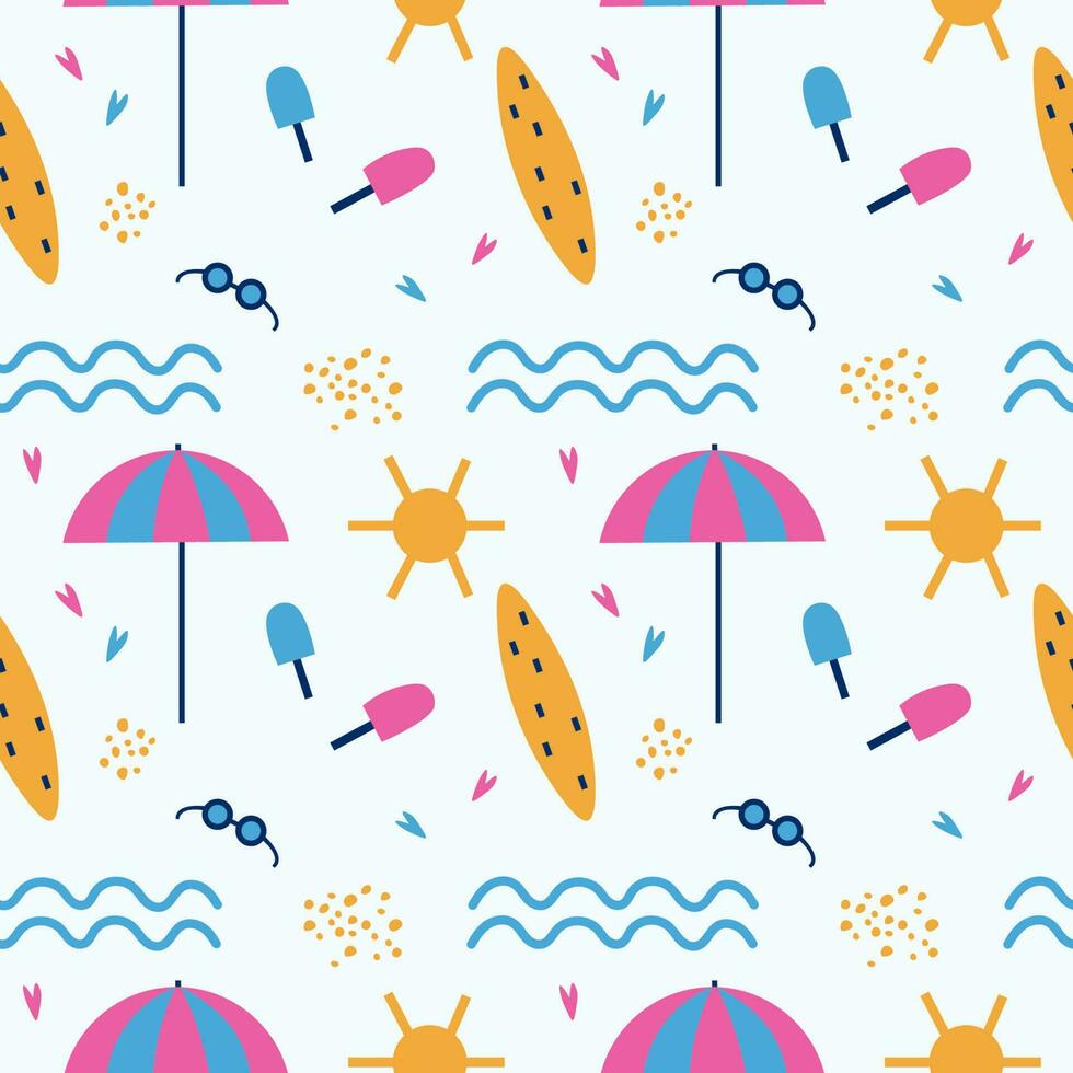 Beach. Seamless repeat pattern with sunshade, sun, sea, ice cream, surfboard, and hearts. Colored summer background. Beach party, sea voyage. Template for textile, packaging, banner, print. Vector