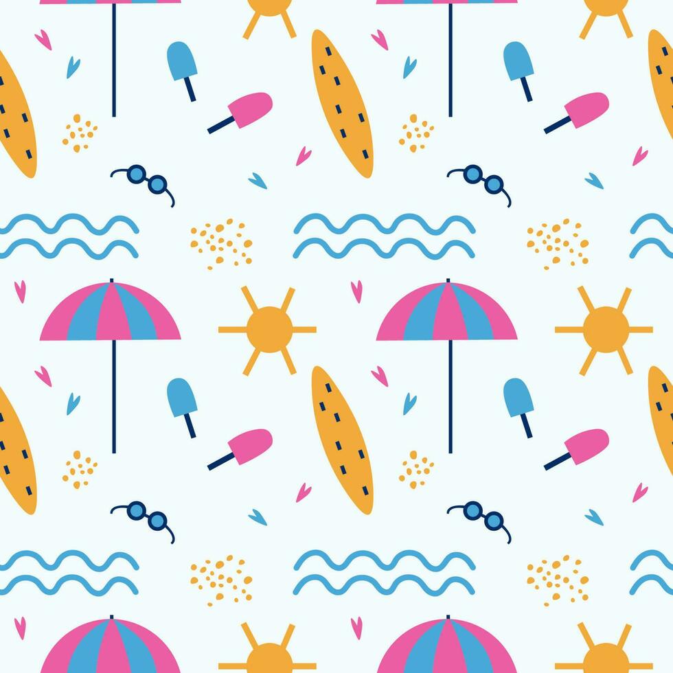 Beach. Seamless repeat pattern with sunshade, sun, sea, ice cream, surfboard, and hearts. Colored summer background. Beach party, sea voyage. Template for textile, packaging, banner, print. Vector