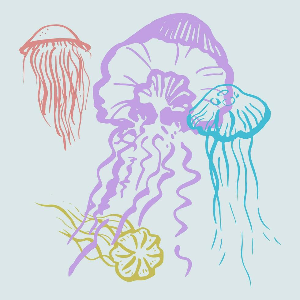 Jellyfish. Hand drawn ink drawing of the underwater world with medusa. Protection sea and oceans, sea creatures.Set for postcard, print, template, polygraphy. Design element. Vector art illustration.