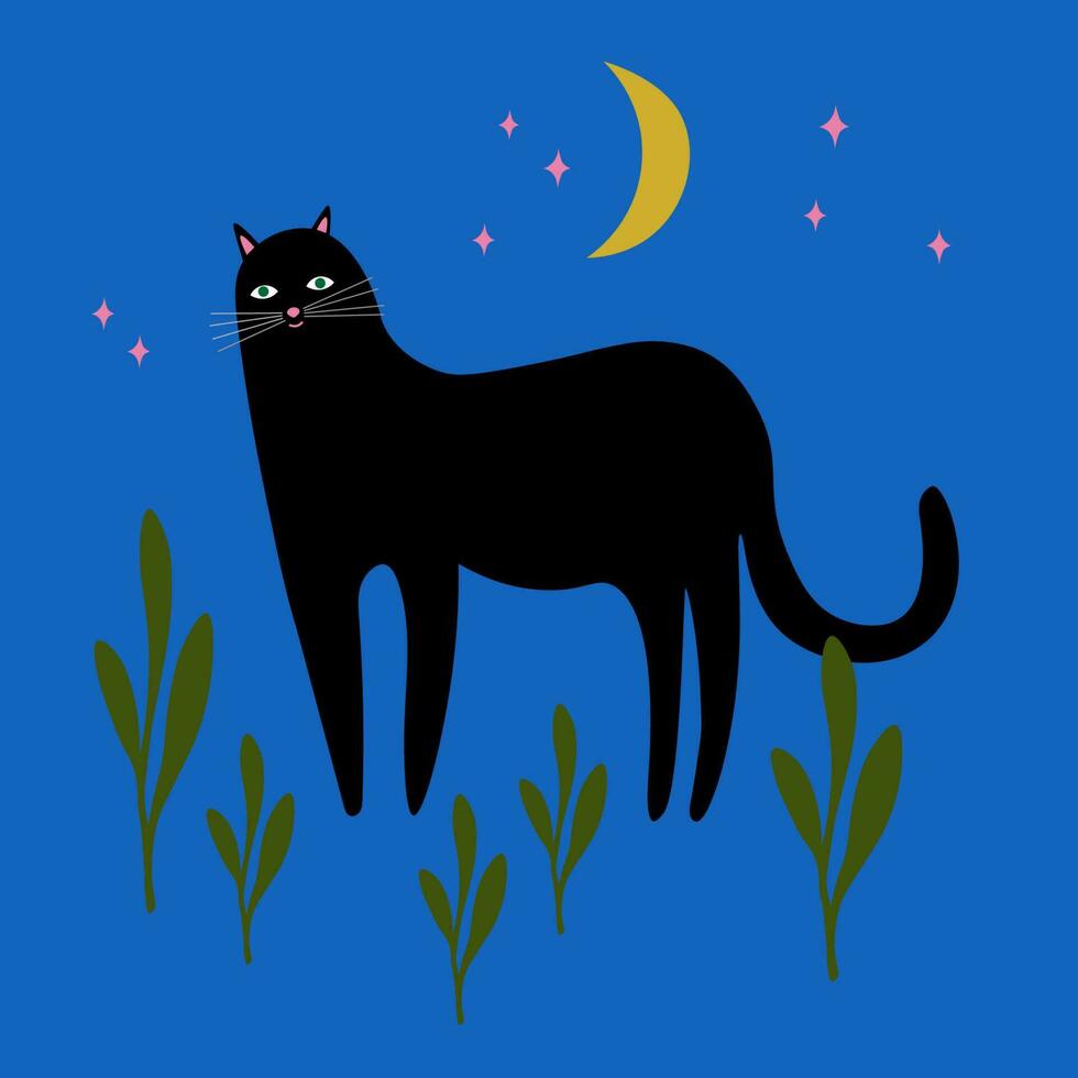 negro gato a noche. dibujos animados plano ilustración de un linda animal. diseño elemento. gracioso gatito para imprimir, pegatina, tarjeta, póster, web.mano dibujado. Arte ilustración. vector