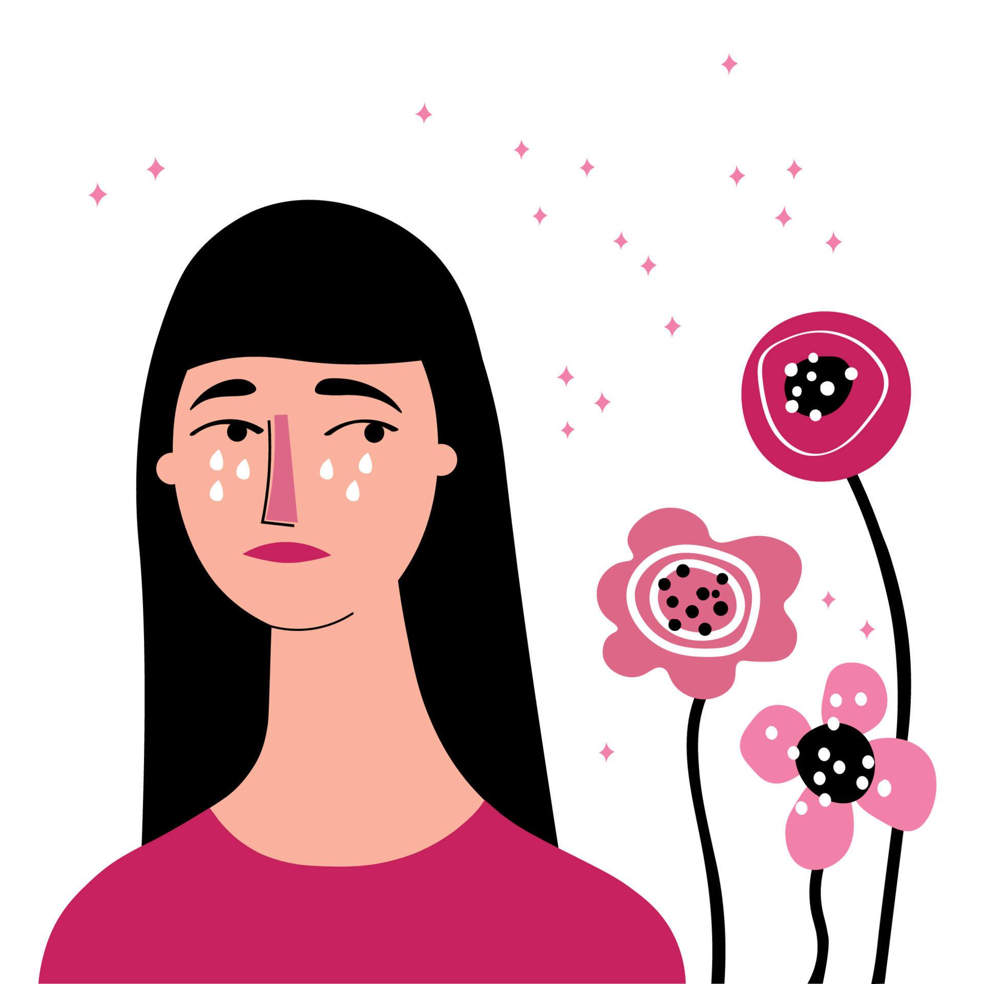 Allergy. Character with allergy signs. Tears on the face, red nose