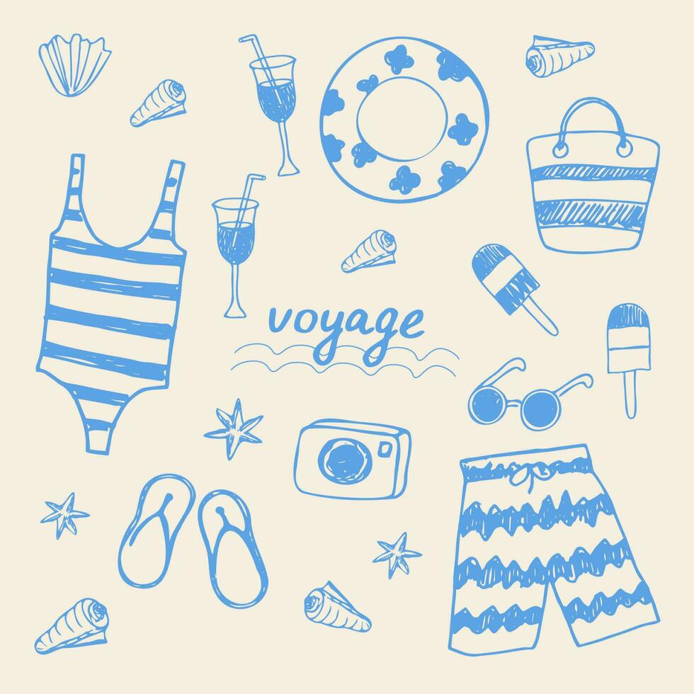 Beach vacation. Summer nautical accessories illustration. Ice cream, swimsuit, cocktail, swimming trunks, shells, sunglasses.Summer mood, beach party, vacation. For template, poster, banner, postcard. vector