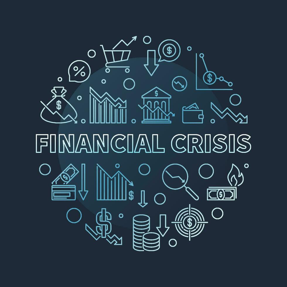 Financial Crisis vector concept round blue modern banner in line style